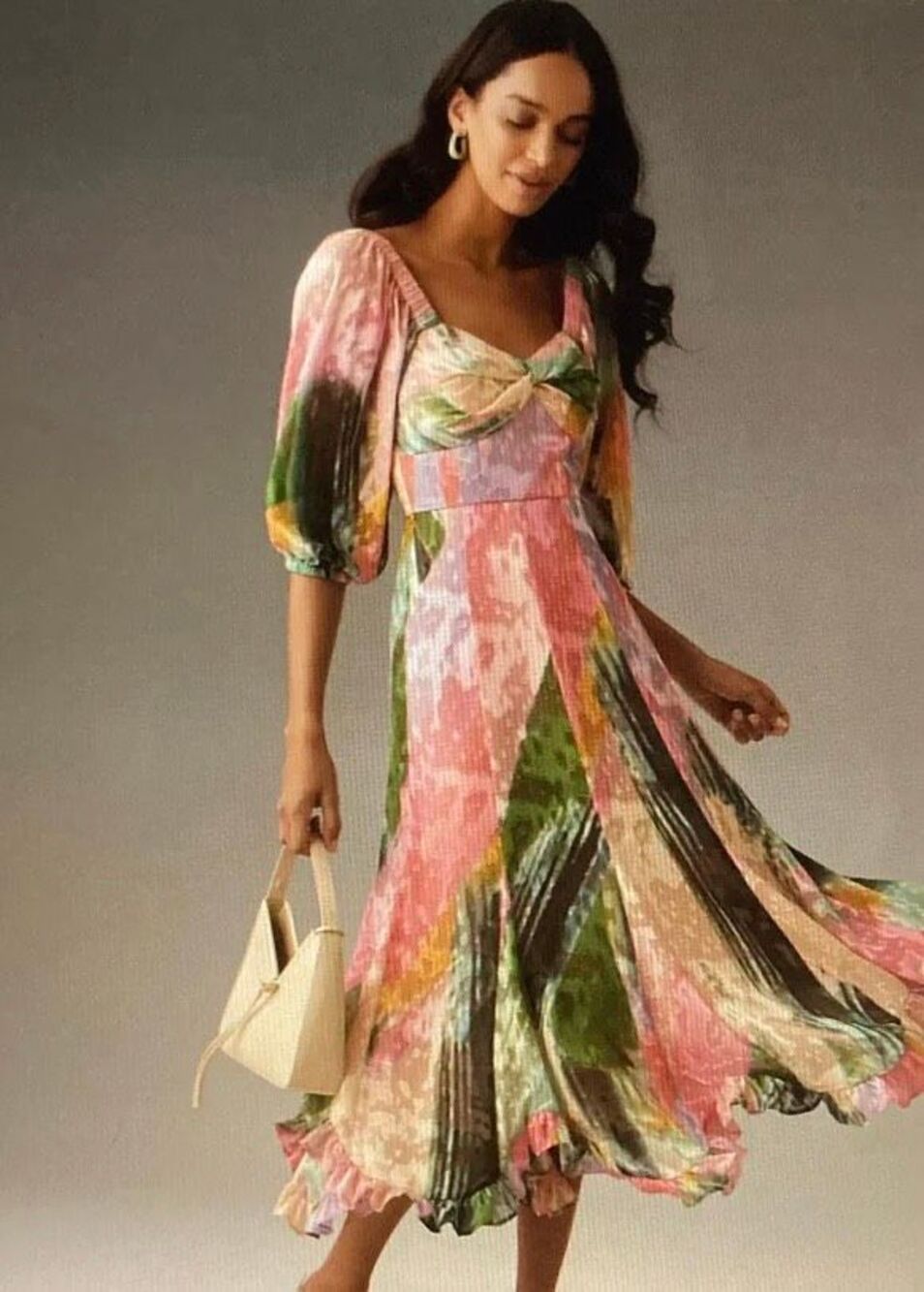 NWT Anthropologie Hutch Printed Twist-Front Puff-Sleeve Ruffle-Hem Dress Size 2X